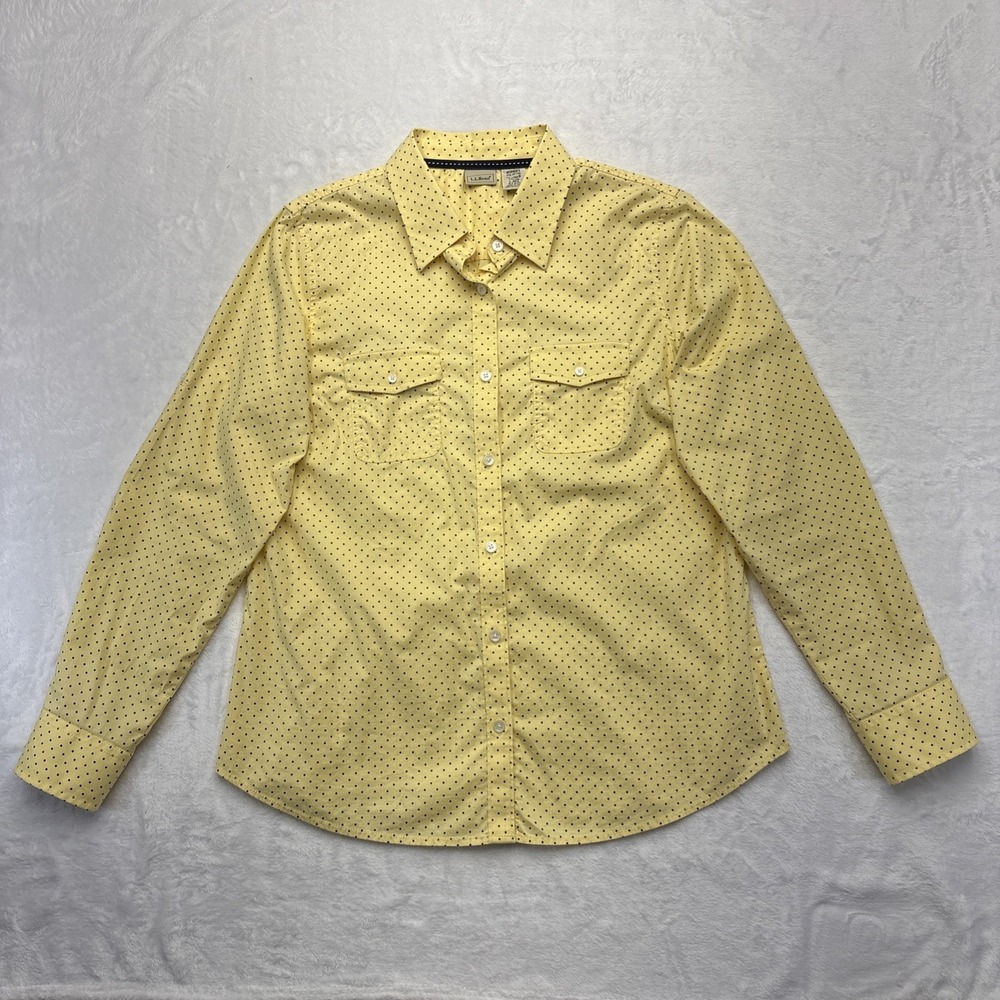 LL Bean Womens Yellow Blue Polka Dots Long Sleeve Button Up Shirt Size LARGE
